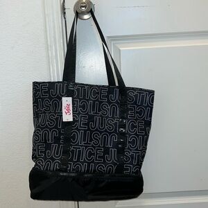 New Girls Justice Logo Drawstring Tote Bag Black White Sports